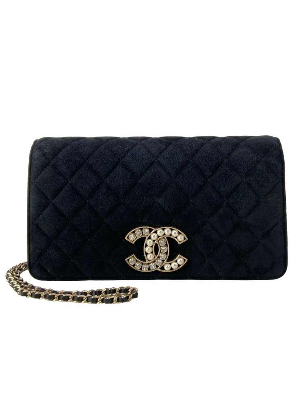 Chanel Shoulder Bag Quilted Black Chain Gold Faux Pearl Bijou